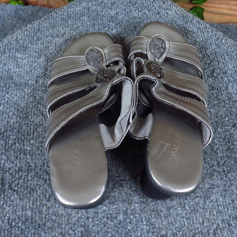 Sbicca Gotcha Women Slide Sandal 7 Wide Dressy Block Heel Pewter Silver Metallic